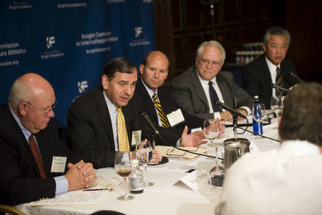 Panel of College Sports Commercialization: Wally Renfro (NCAA), Jeffery Mishkin (Attorney), Clay Walker (Fantasy Sports Ventures), Robert Corn-Revere (Attorney), and Glenn Wong (University of Massachusetts)