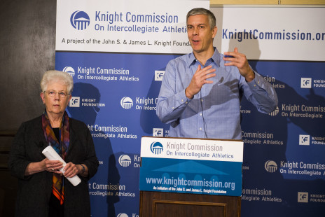 Carol Cartwright and Arne Duncan., Knight Commission co-chairs