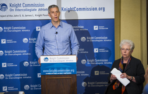 Carol Cartwright and Arne Duncan., Knight Commission co-chairs