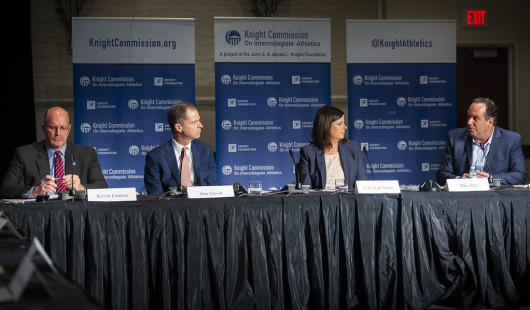 From left: Kevin Lennon, Dan Gavitt, Car Van Senus, Mike Brey