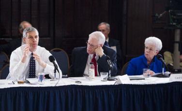 Arne Duncan (left), William "Brit" Kirwan (center), Carol Cartwright (right)