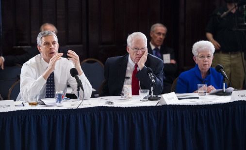 Arne Duncan (left), William "Brit" Kirwan (center), Carol Cartwright (right)