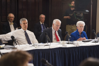 Arne Duncan (left), William "Brit" Kirwan (center), Carol  Cartwright (right)