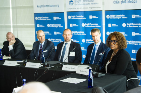 From left: Phil Martelli, Jay Bilas, Jon Fetterolf, Michael Siegel, Kylia Carter