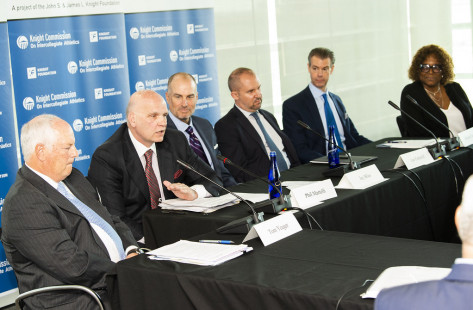 From left: Tom Yeager, Phil Martelli, Jay Bilas, Jon Fetterolf, Michael Siegel, Kylia Carter