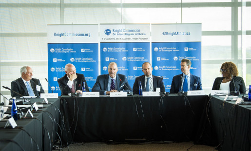 From left: Tom Yeager, Phil Martelli, Jay Bilas, Jon Fetterolf, Michael Siegel, Kylia Carter