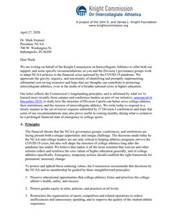 First Page of April 27, 2020 Letter to Mark Emmert from KCIA Co-Chairs